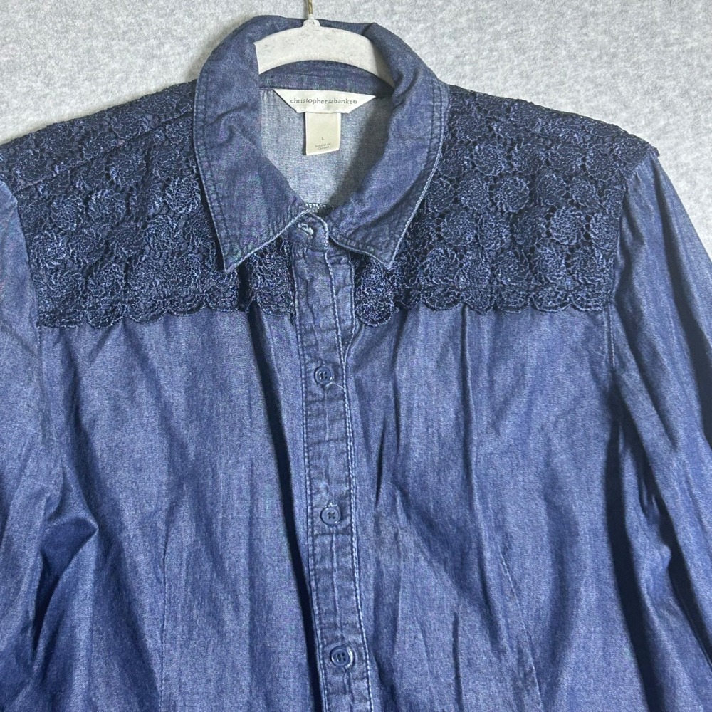 Chambray Denim Shirt Womens L Blue Lace Yoke Cotton Western Boho